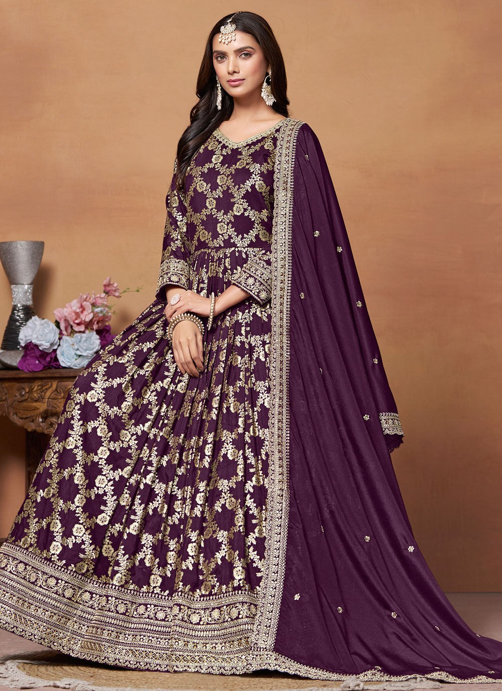Embroidered Jacquard Purple Salwar Suit - M7664