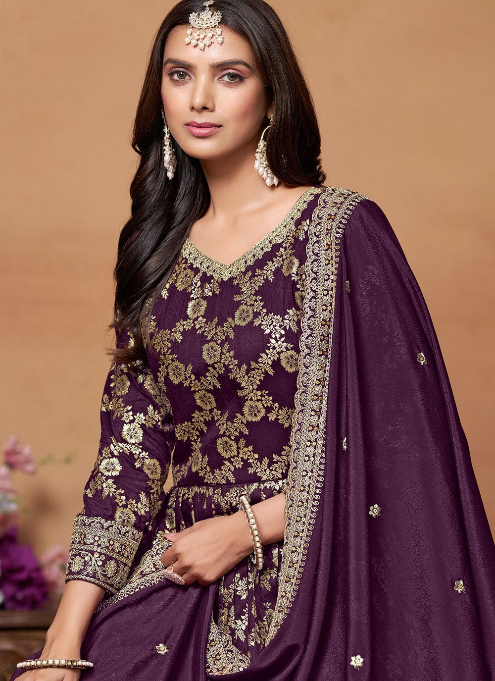 Embroidered Jacquard Purple Salwar Suit - M7664