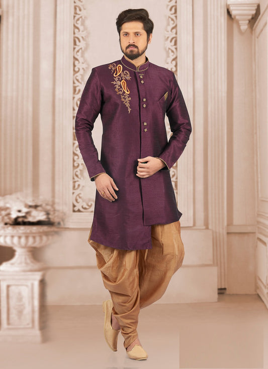 Embroidered Dupion Silk Purple Indo Western - M6380