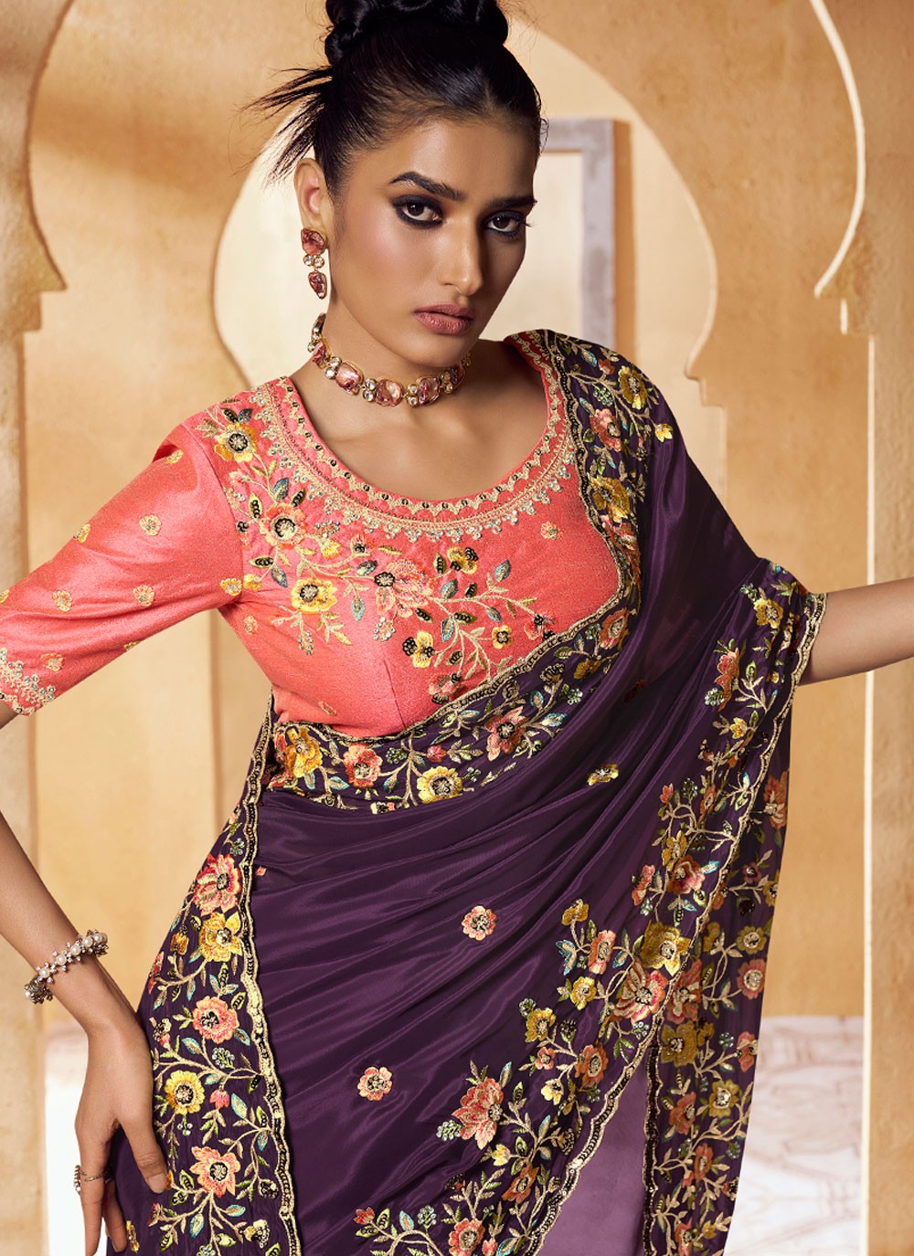 Classic Embroidered Pure Crepe Saree - S6397
