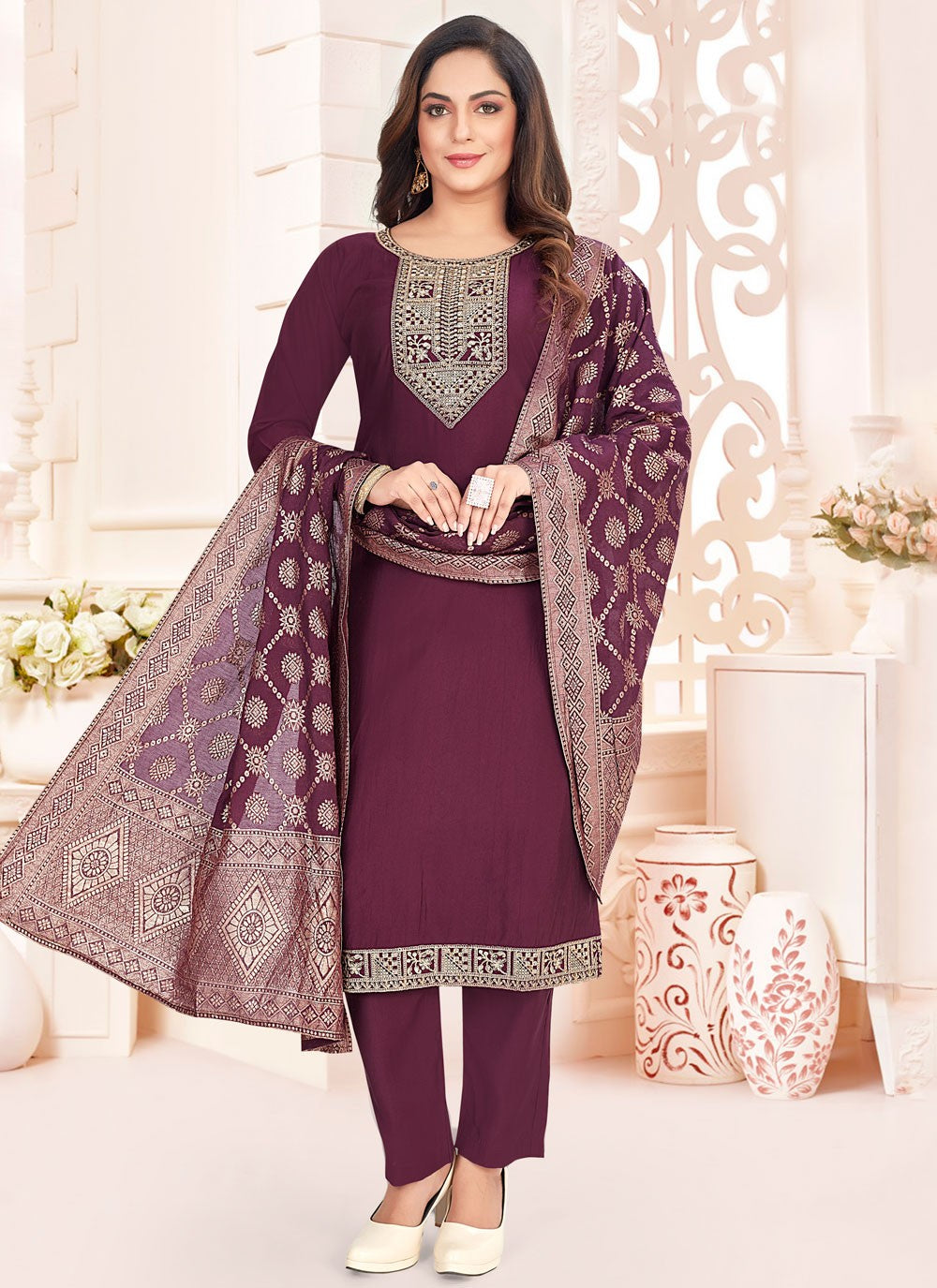 Salwar Suit Embroidered Purple Silk T5759