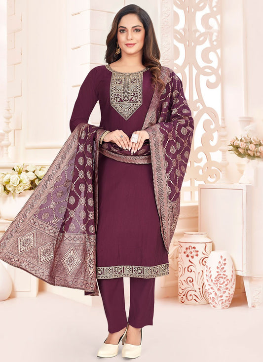Salwar Suit Embroidered Purple Silk T5759