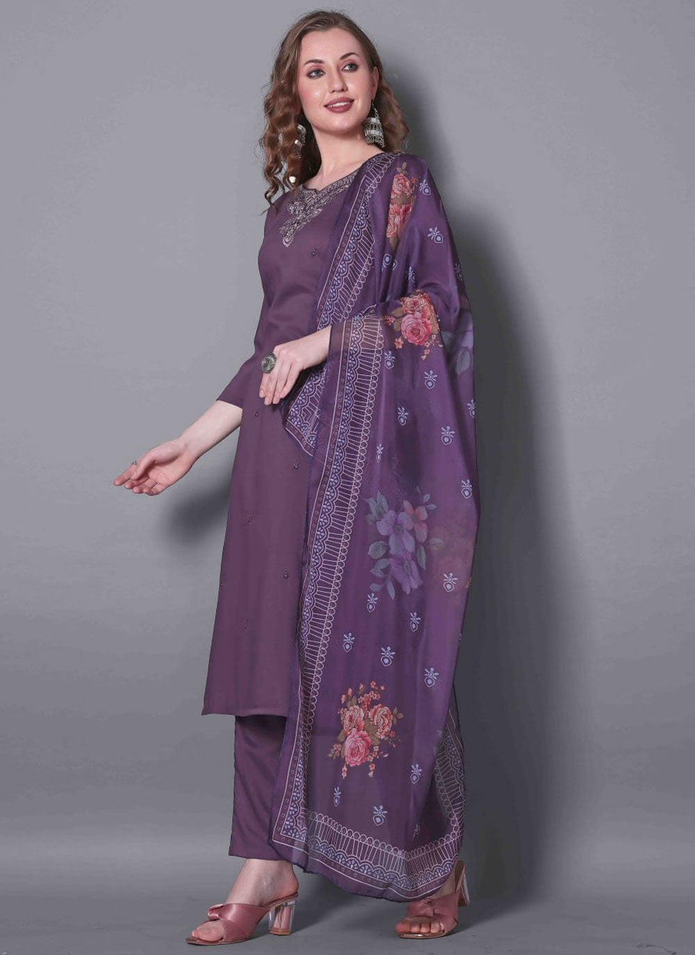 Salwar Suit Embroidered Purple Silk T5884
