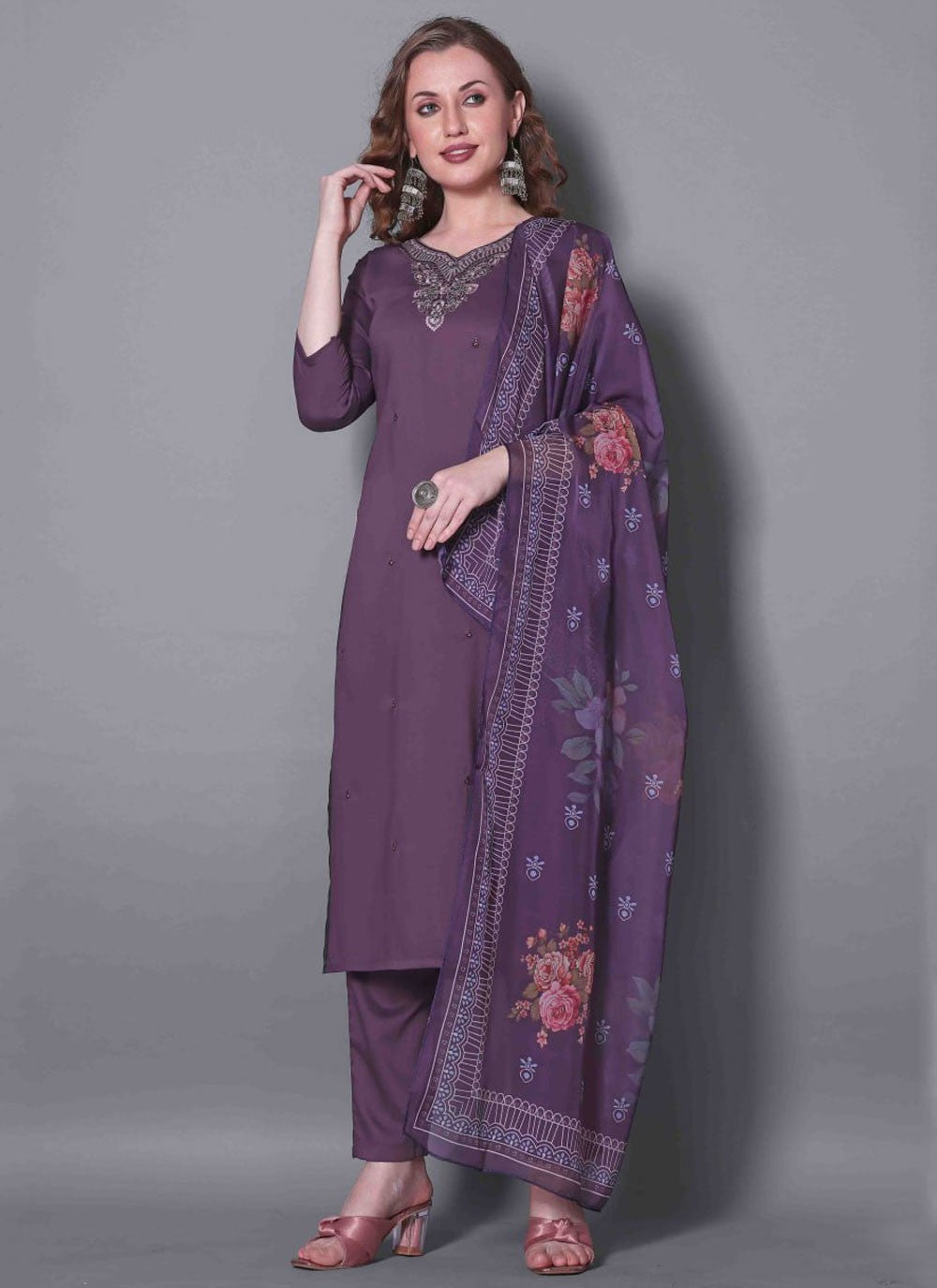 Salwar Suit Embroidered Purple Silk T5884