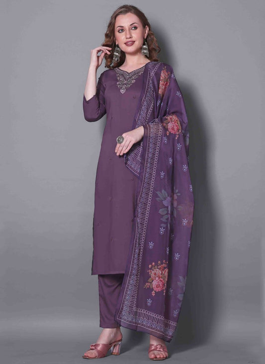 Salwar Suit Embroidered Purple Silk T5884