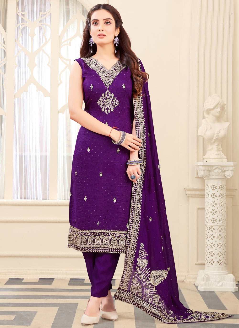 Pant Style Suit Embroidered Purple Silk T5659