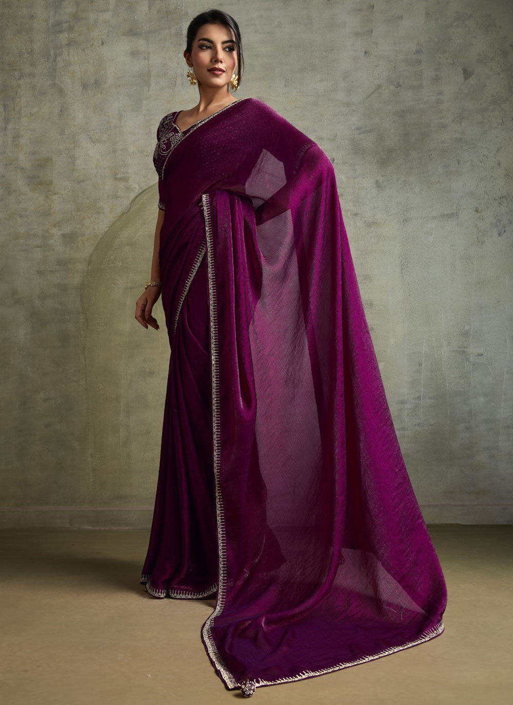 Purple Chiffon Traditional Saree Embroidered S19825