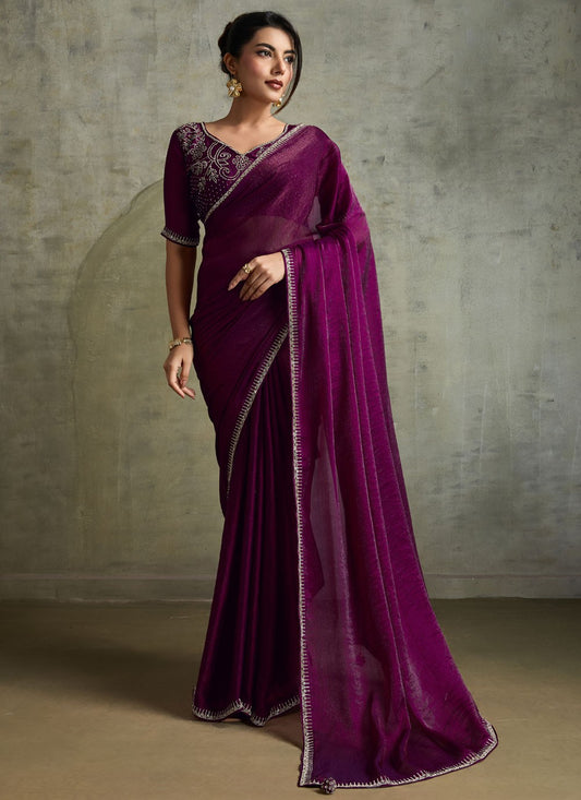 Purple Chiffon Traditional Saree Embroidered S19825
