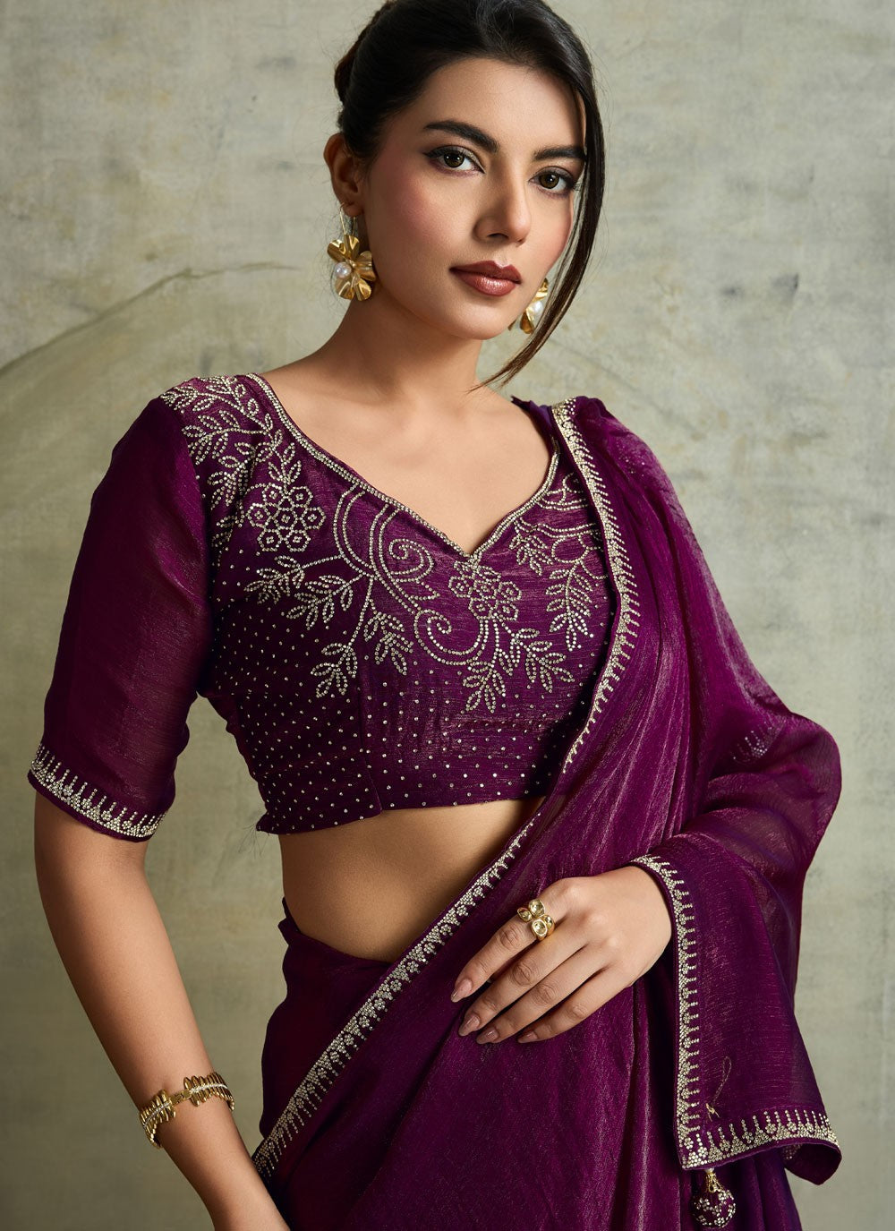 Purple Chiffon Traditional Saree Embroidered S19825