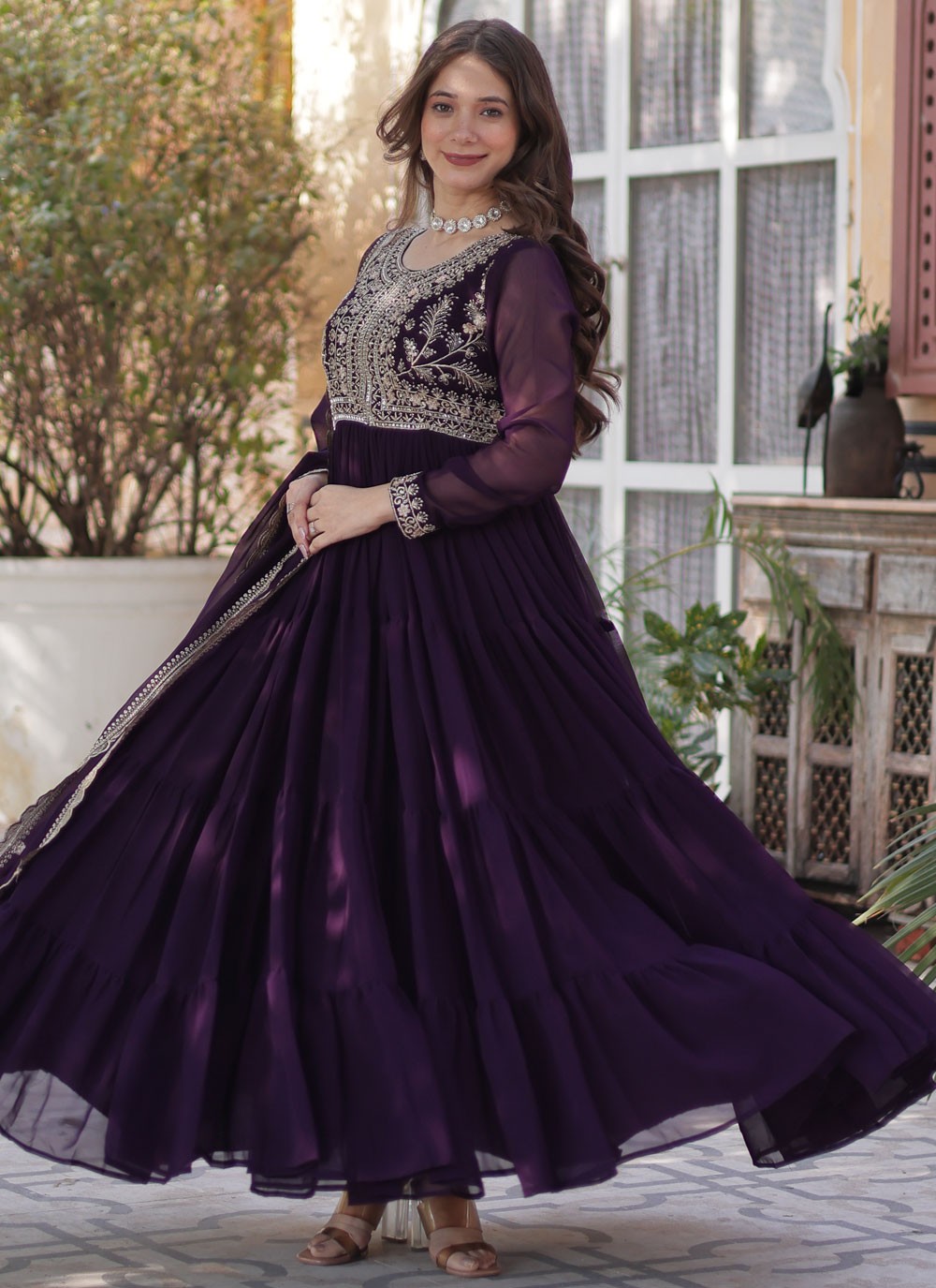 Embroidered Faux Georgette Purple Gown G19798
