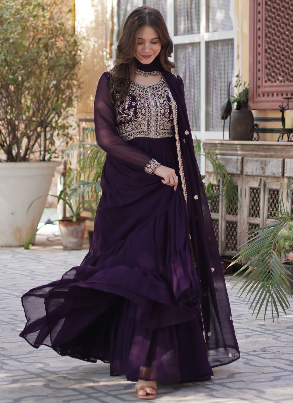 Embroidered Faux Georgette Purple Gown G19798