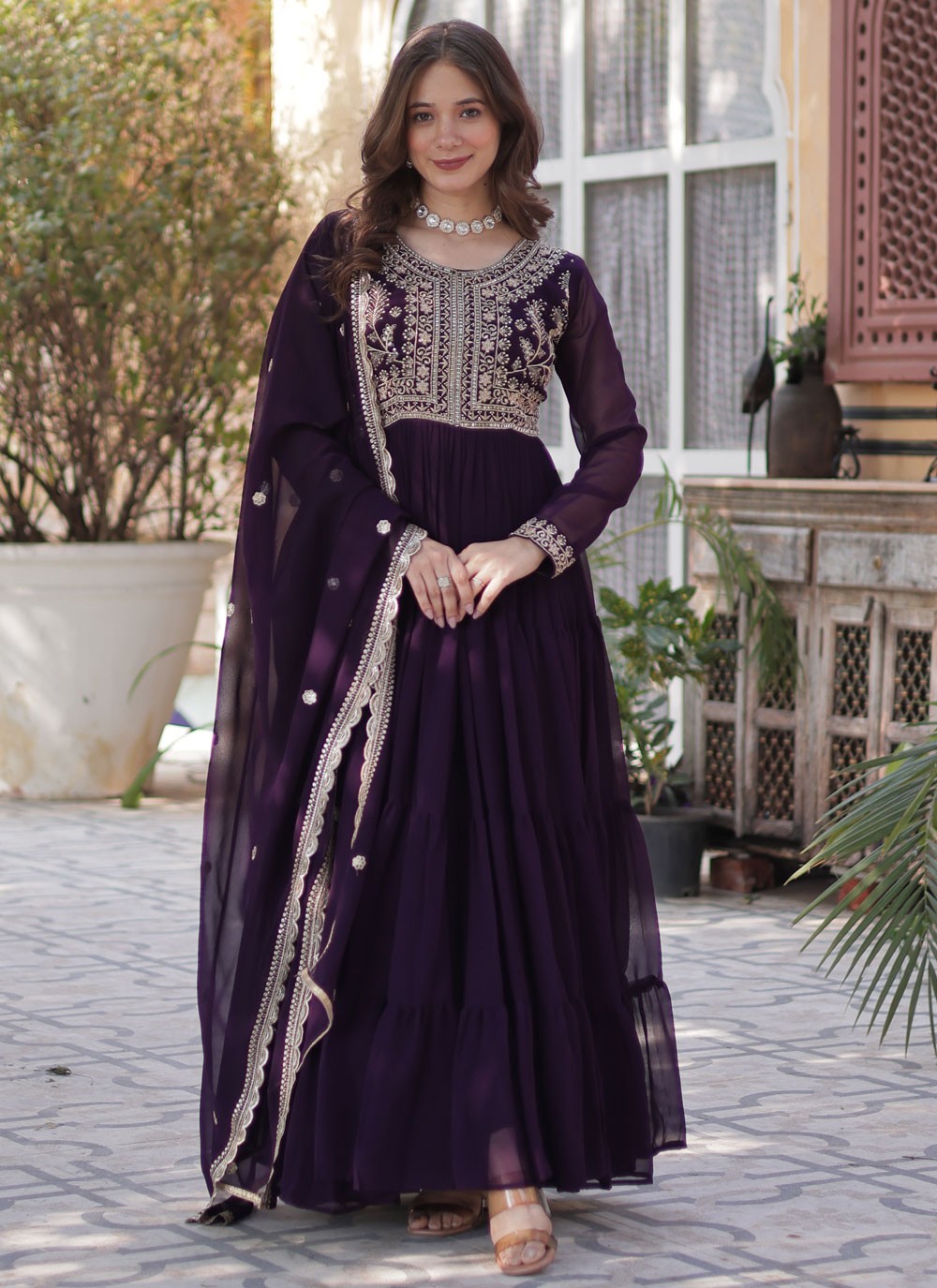 Embroidered Faux Georgette Purple Gown G19798