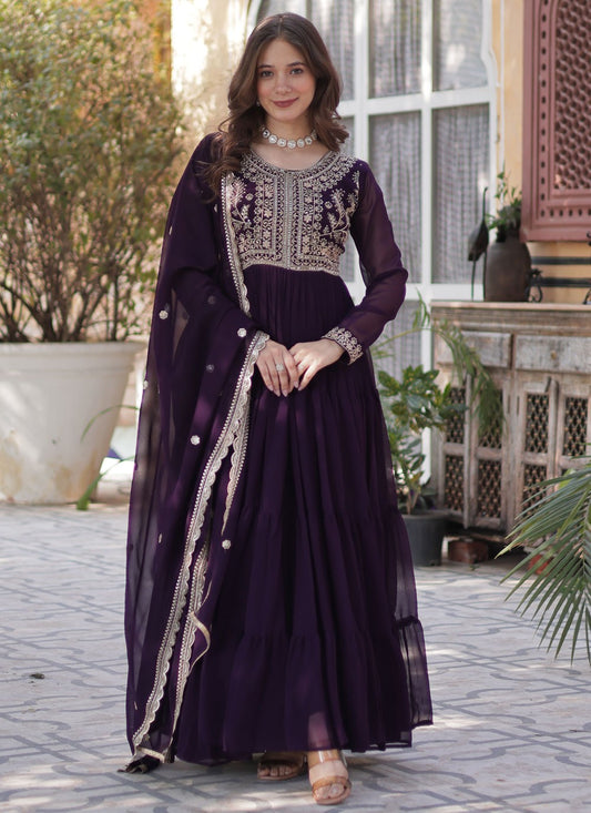 Embroidered Faux Georgette Purple Gown G19798