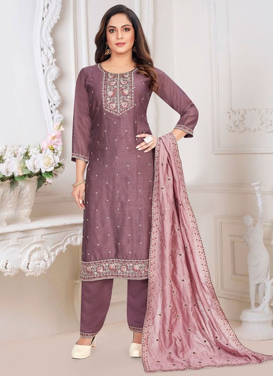 Salwar Suit Embroidered Purple Vichitra Silk T5757