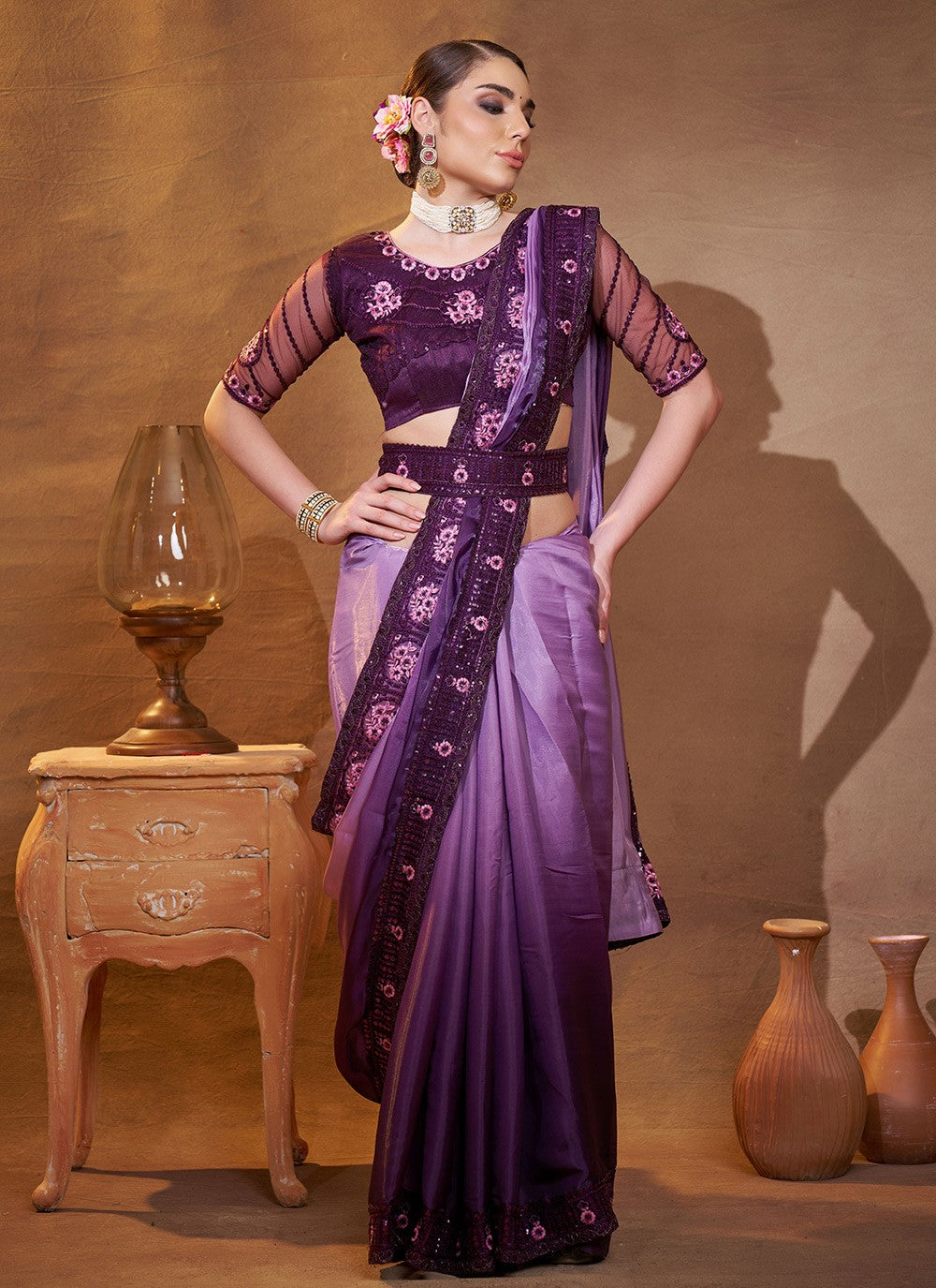 Embroidered Jimmy Chu Purple Saree S14727