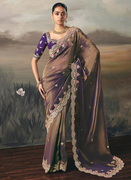 Purple Tissue Traditional Saree Embroidered, Resham, Thread S20406