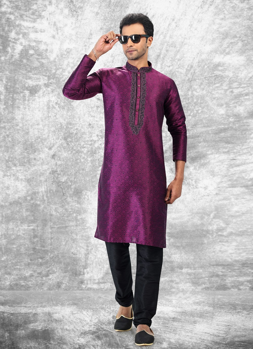 Fancy Work Brocade, Jacquard Silk Purple Kurta Pyjama - M4859