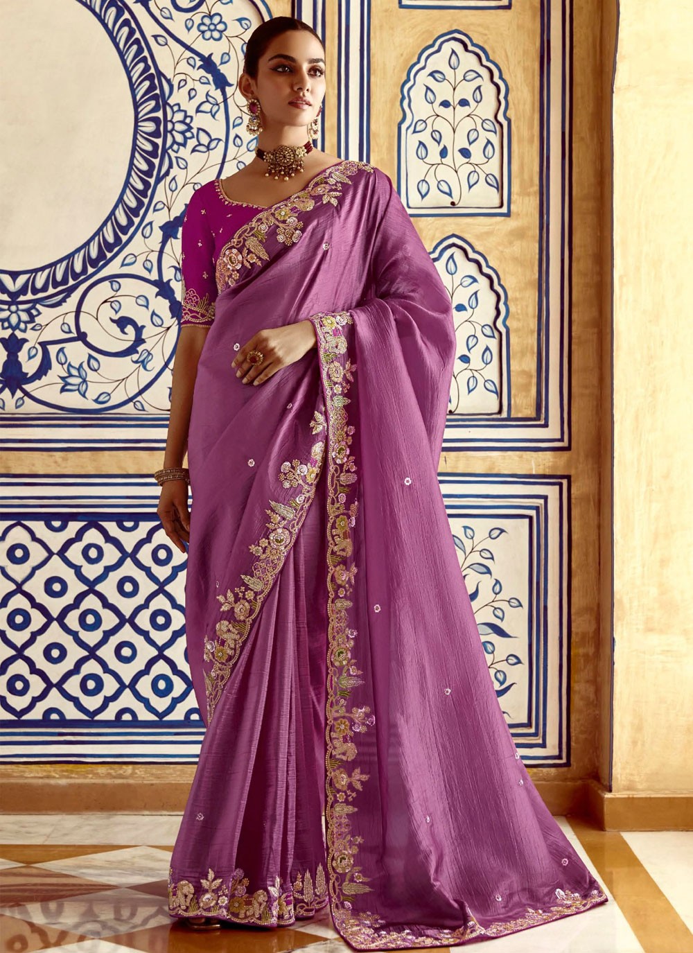 Embroidered Fancy Fabric Purple Saree S14385