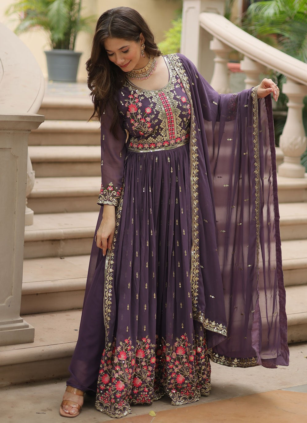 Salwar Suit Embroidered Purple Faux Georgette T5052