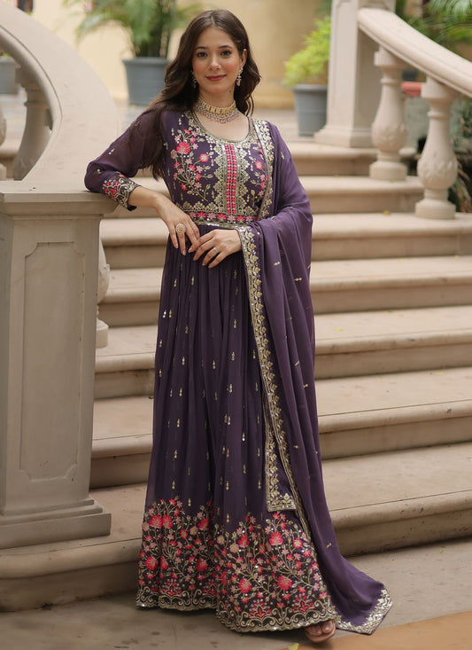 Salwar Suit Embroidered Purple Faux Georgette T5052