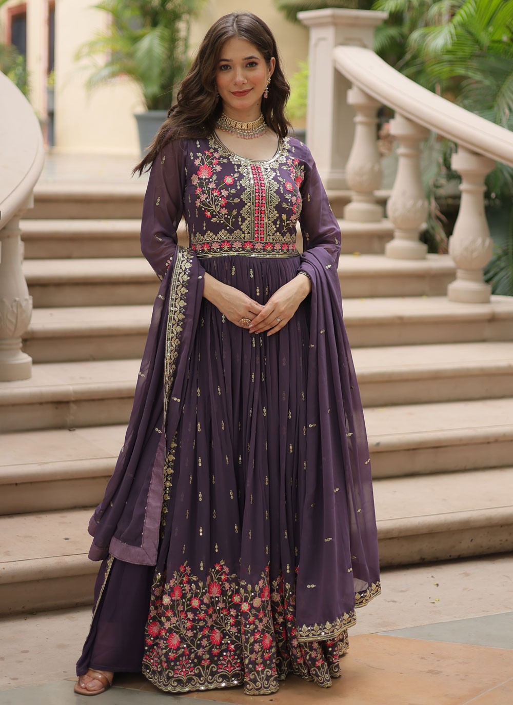 Salwar Suit Embroidered Purple Faux Georgette T5052