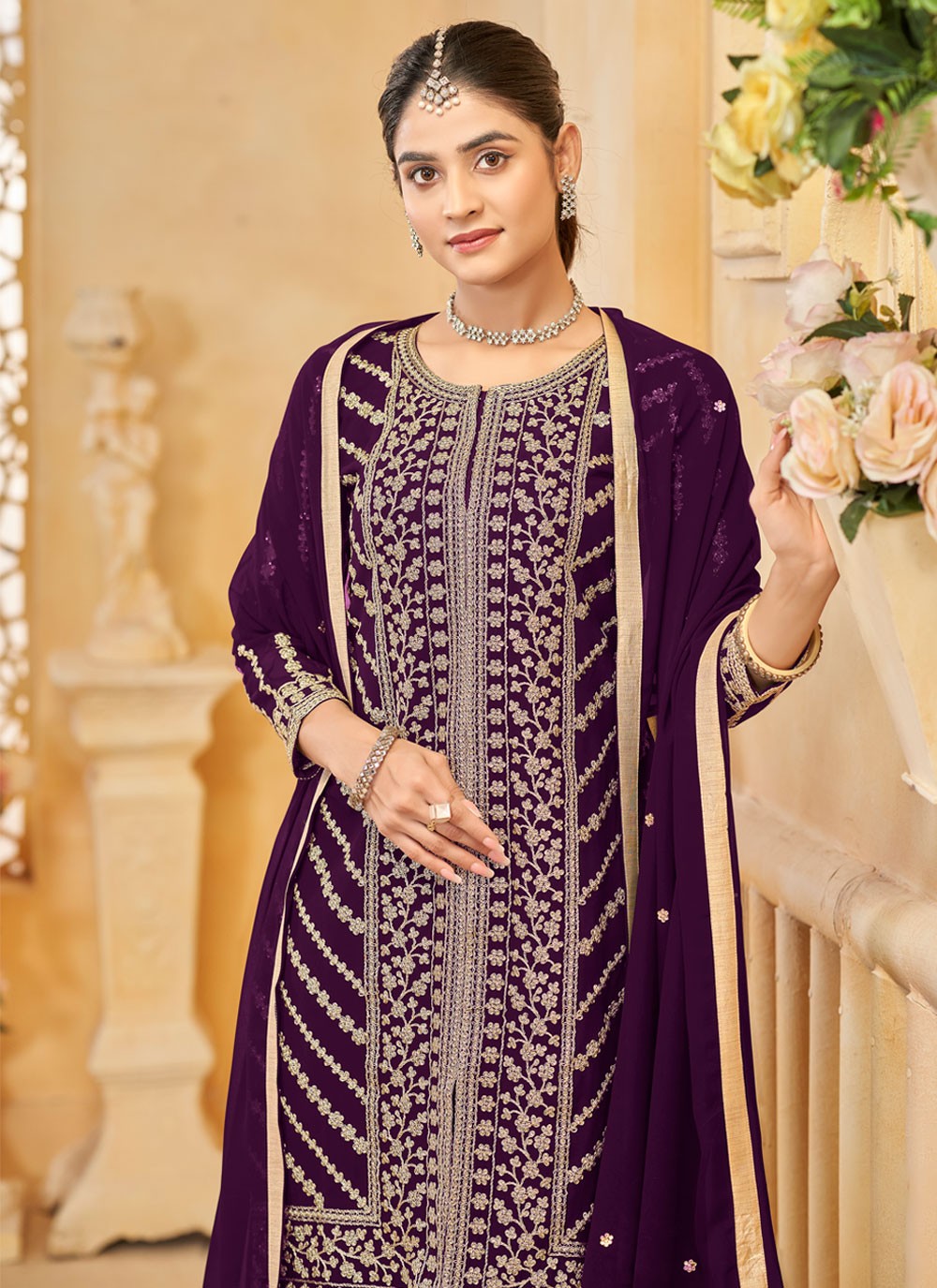 Embroidered Faux Georgette Purple Salwar Suit T6013