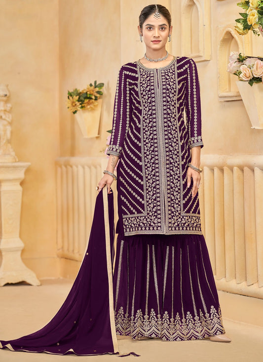 Embroidered Faux Georgette Purple Salwar Suit T6013