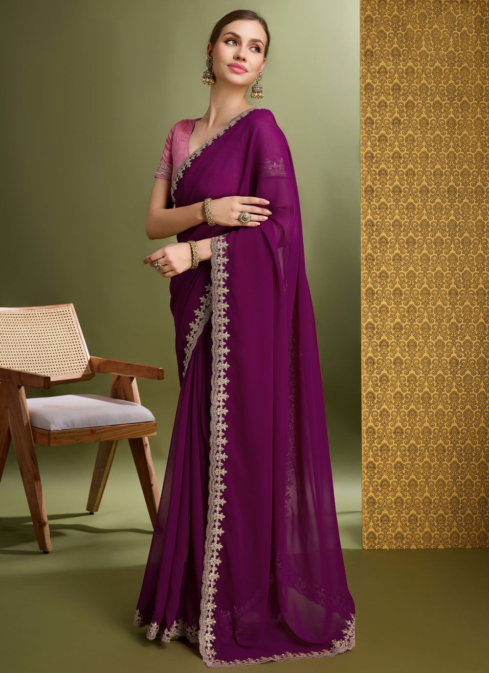 Traditional Border Work Purple Faux Georgette S12638