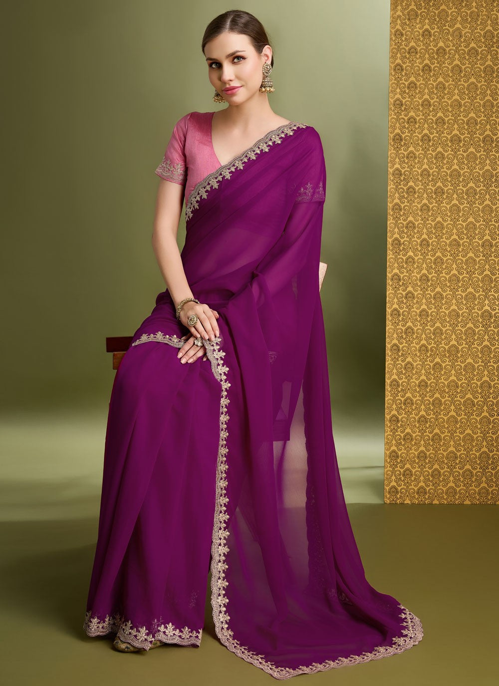 Traditional Border Work Purple Faux Georgette S12638