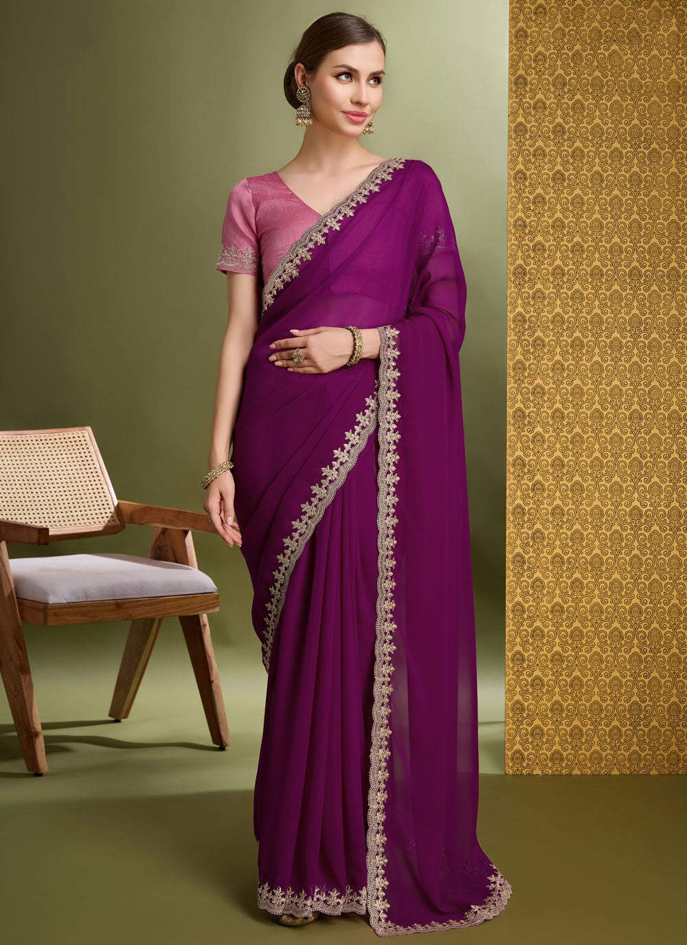 Traditional Border Work Purple Faux Georgette Saree S12638
