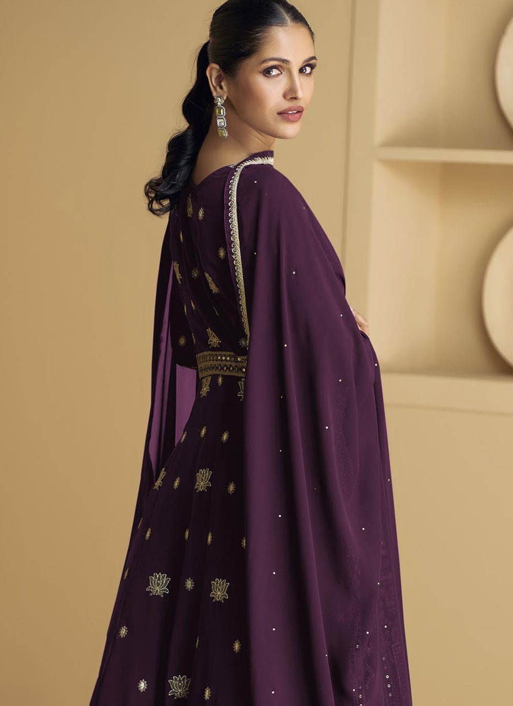 Anarkali Embroidered Purple Faux Georgette T5107