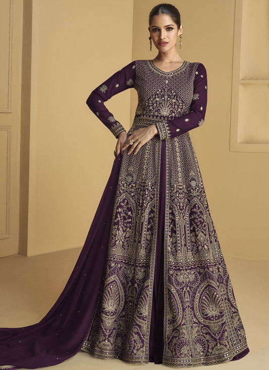 Anarkali Embroidered Purple Faux Georgette T5107
