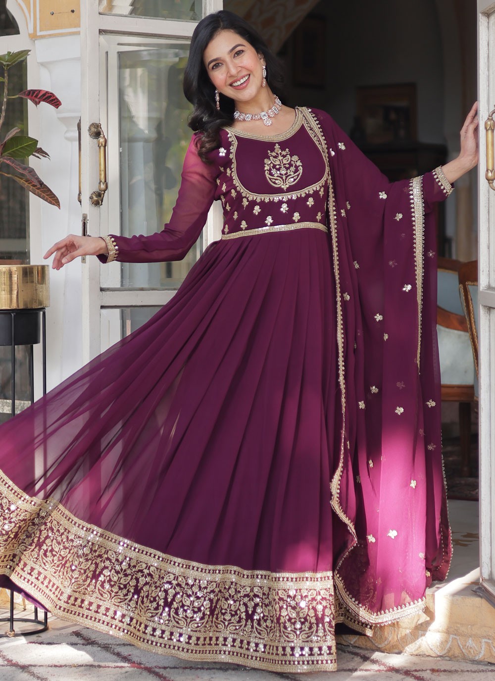 Embroidered Faux Georgette Purple Gown G1973