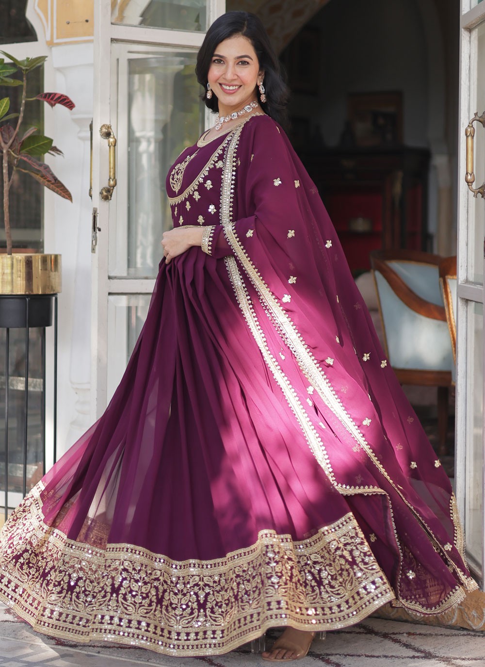 Embroidered Faux Georgette Purple Gown G1973