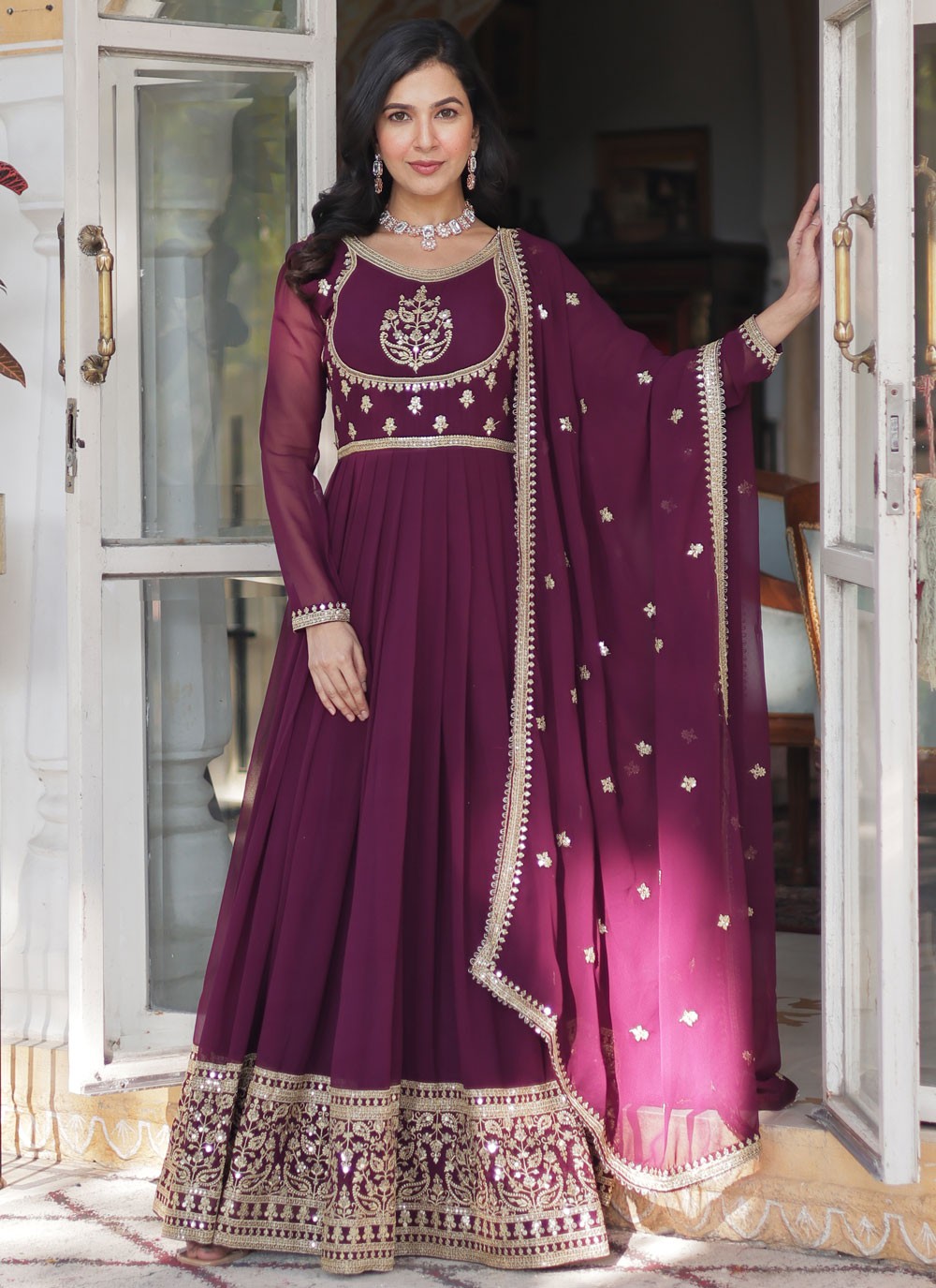 Embroidered Faux Georgette Purple Gown G1973