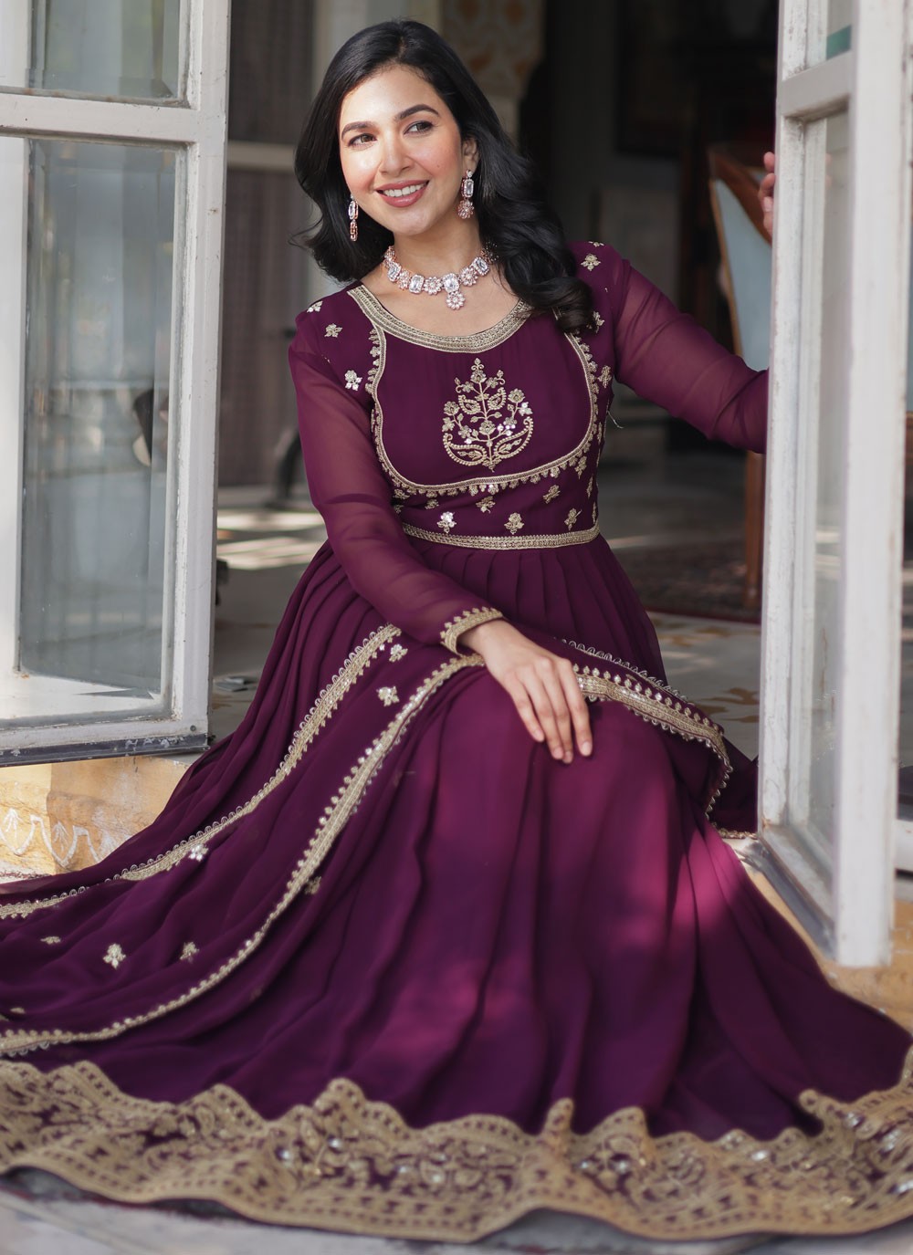 Embroidered Faux Georgette Purple Gown G1973