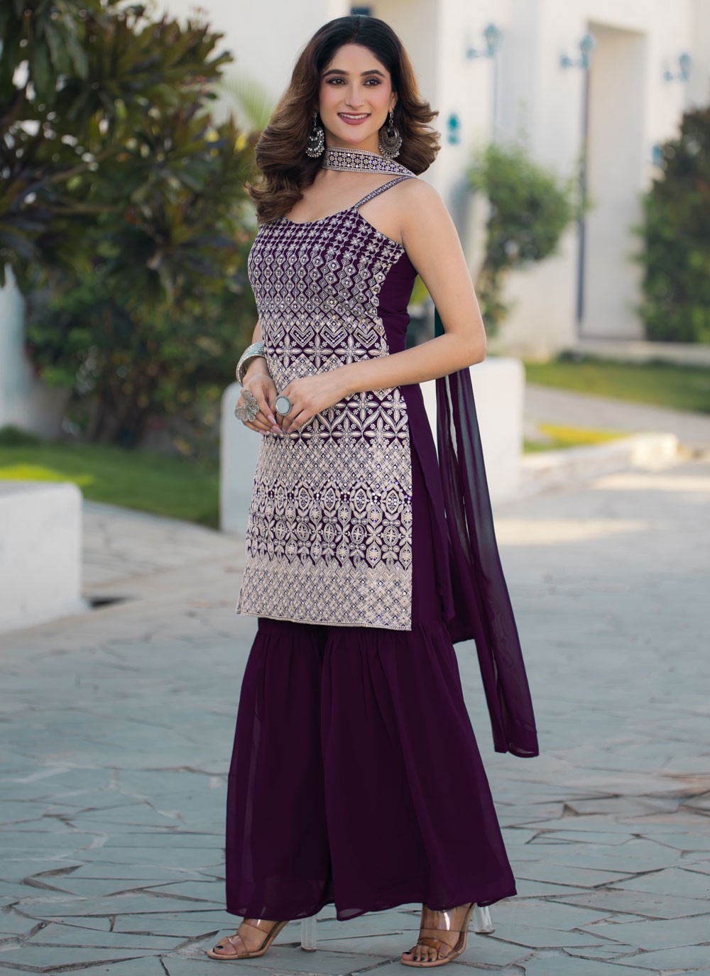 Embroidered Faux Georgette Purple Sharara Suit T6344