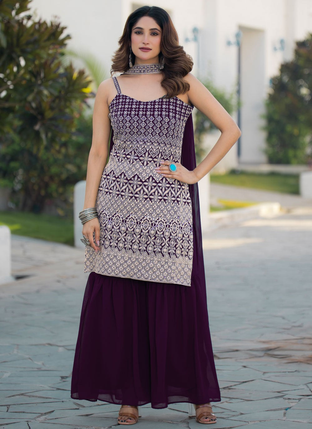 Embroidered Faux Georgette Purple Sharara Suit T6344