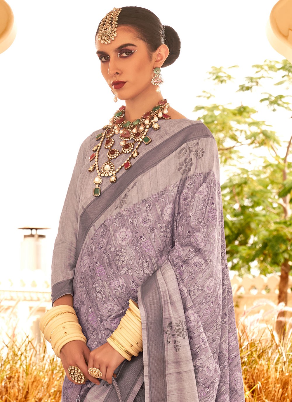 Classic Foliage Prints Raw Silk Saree - S7204