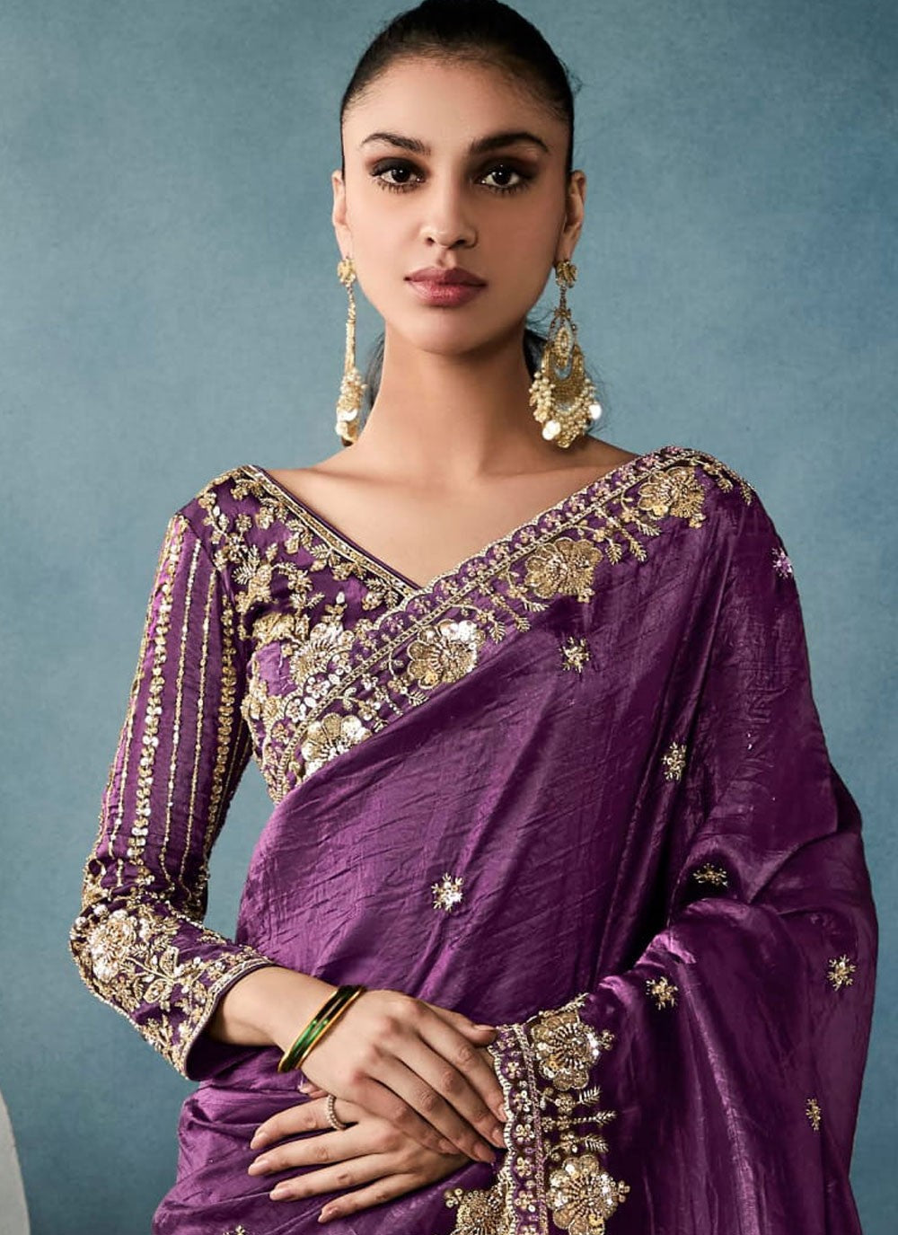 Purple Tissue Classic Saree Embroidered, Sequins, Zari S19848