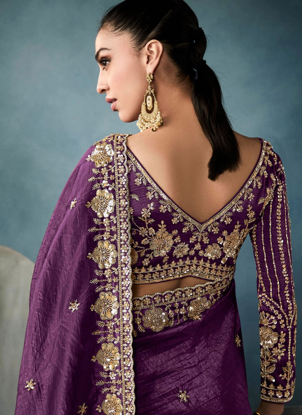 Purple Tissue Classic Saree Embroidered, Sequins, Zari S19848