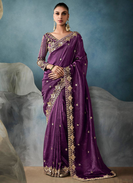 Purple Tissue Classic Saree Embroidered, Sequins, Zari S19848