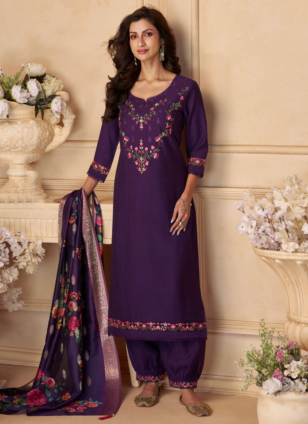 Pant Style Suit Floral Printed Purple T7823