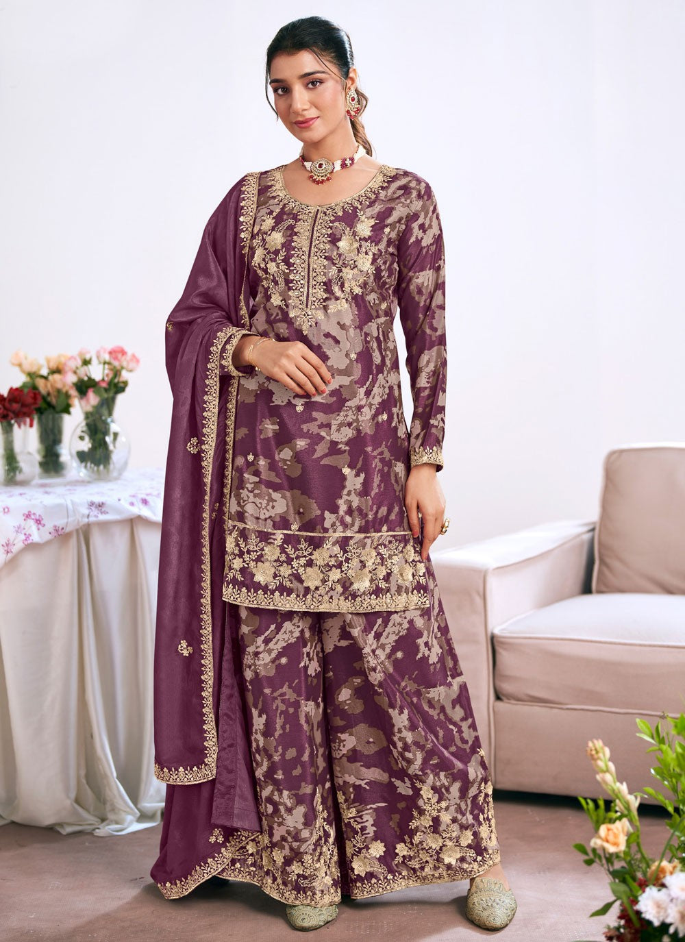 Palazzo Suit Embroidered, Printed, Sequins, Zari Purple T8271