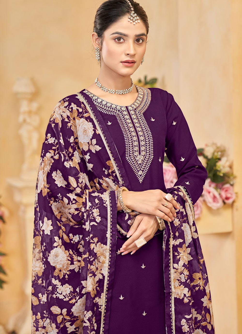 Embroidered Silk Purple Salwar Suit T6002