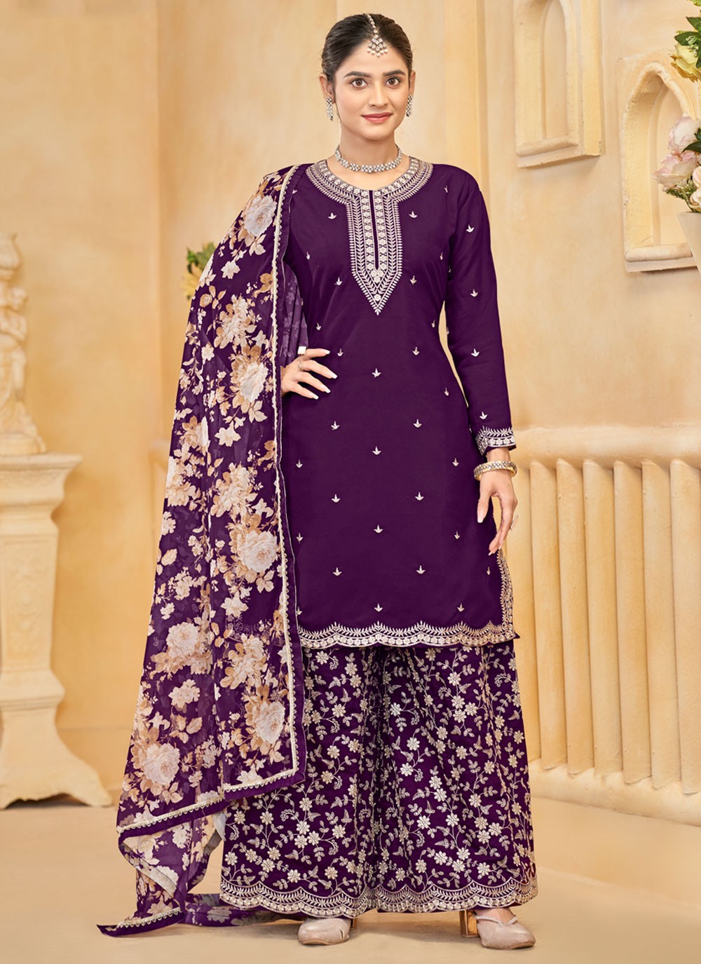 Embroidered Silk Purple Salwar Suit T6002
