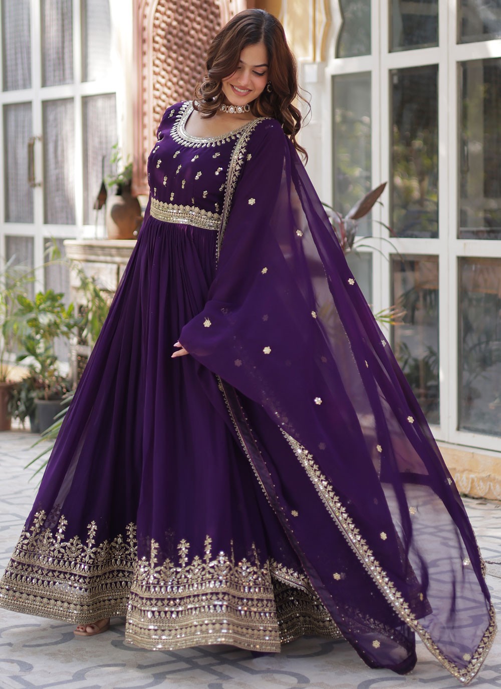 Embroidered Faux Georgette Purple Gown G19805