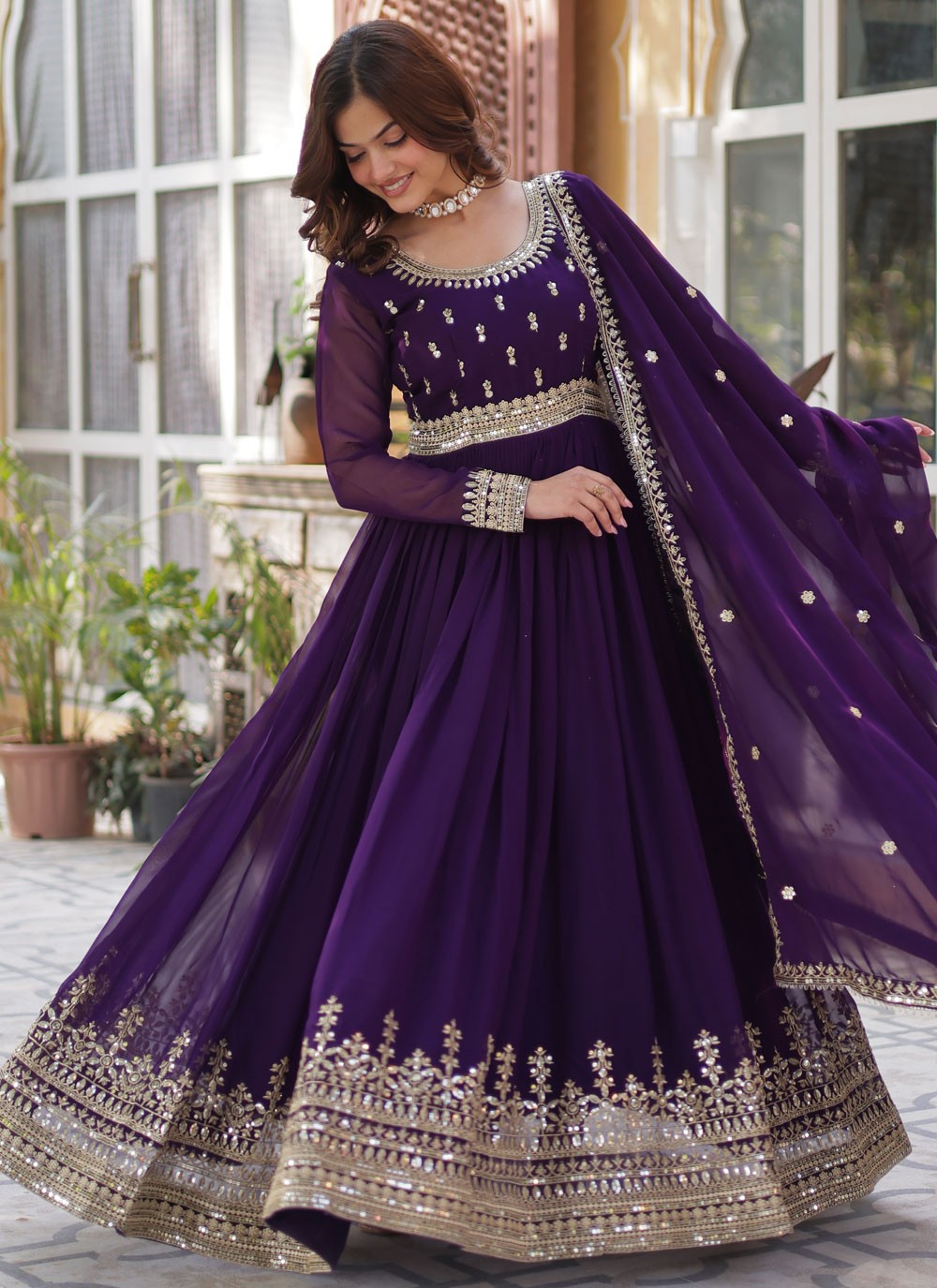 Embroidered Faux Georgette Purple Gown G19805