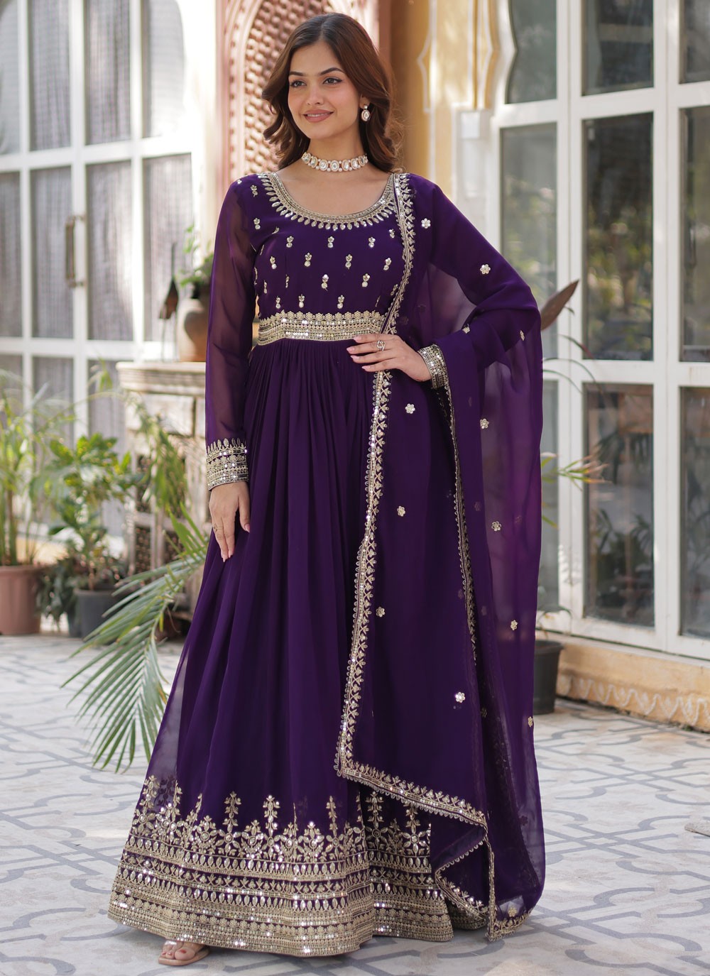 Embroidered Faux Georgette Purple Gown G19805