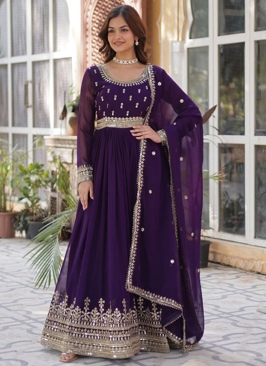 Embroidered Faux Georgette Purple Gown G19805